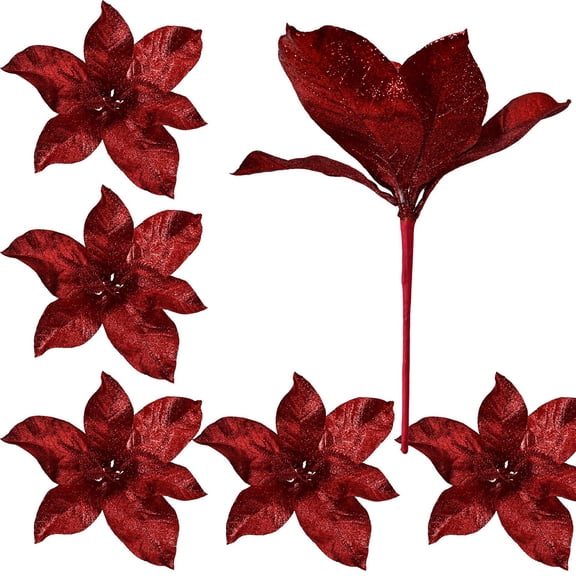 mdesiwst Artificial Christmas Poinsettia with Stem, Glitter Faux Flower Ornament for Party, Red Xmas Flower for Christmas Tree, Wreath Decoration