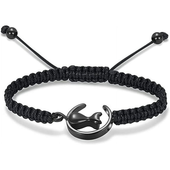 Adjustable Cat Cremation Urn Bracelet for Pet Ashes Black Braided Rope Bangle Cremation Jewelry Urn Bracelet Memorial Keepsake Bangle