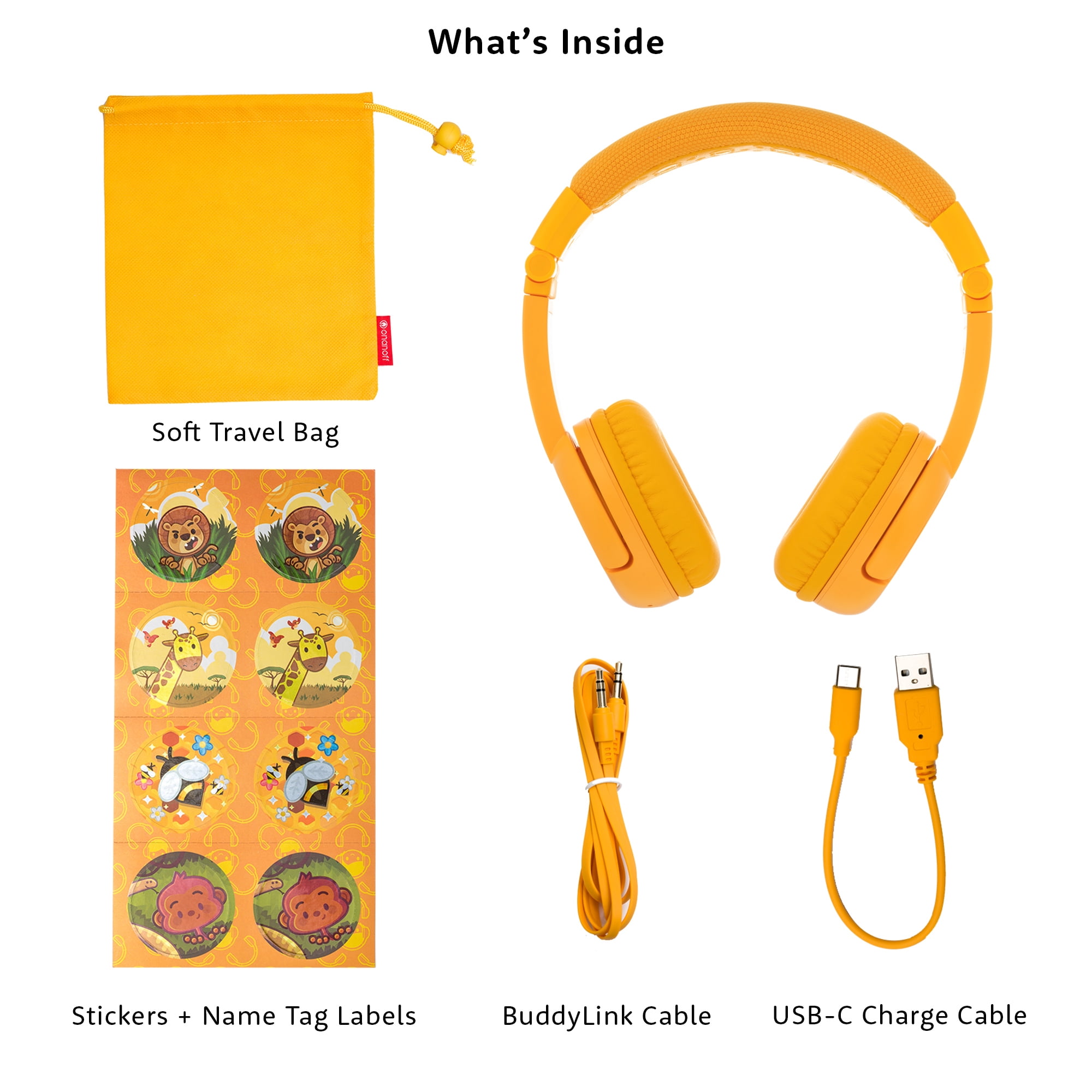BuddyPhones Play+, On-Ear Bluetooth Wireless or Wired Foldable Kids Headphones with Mic, 3 Volume Limiting Settings, Voice Enhance StudyMode, 20-Hours Battery, Customizable Stickers, Sun Yellow