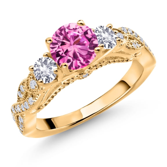 Gem Stone King 18K Yellow Gold Plated Silver Pink Created Sapphire White Created Sapphire and White Moissanite Engagement Ring for Women (1.53 Ct, Gemstone September Birthstone, Round 6MM, Size 7)