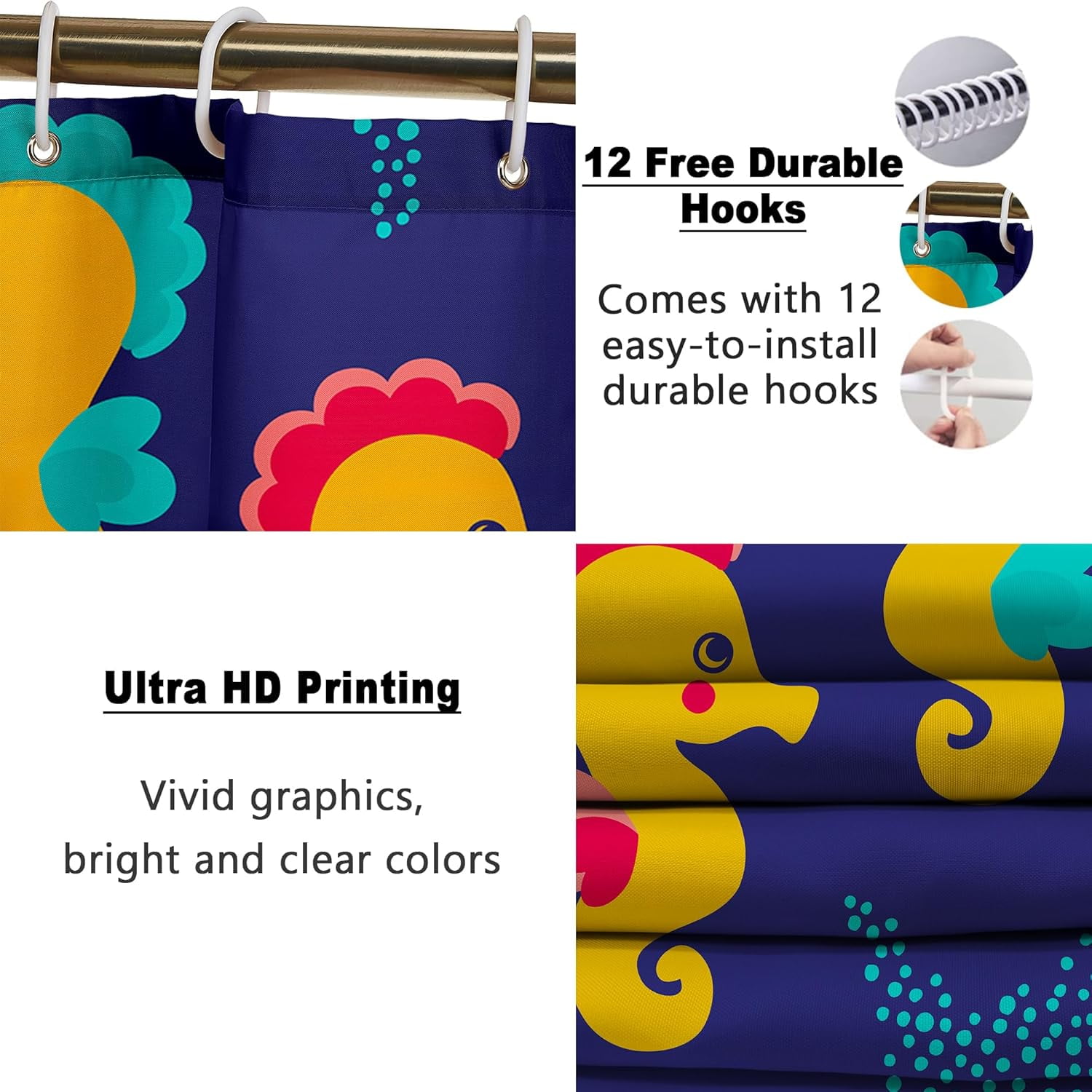 4 Pcs Bathroom Shower Curtain Set,Kid's Bathroom Set,Baby Octopus Shower Curtain Sets with Rugs(Bath Mat,U Shape and Toilet Lid Cover Mat) and 12 Hooks