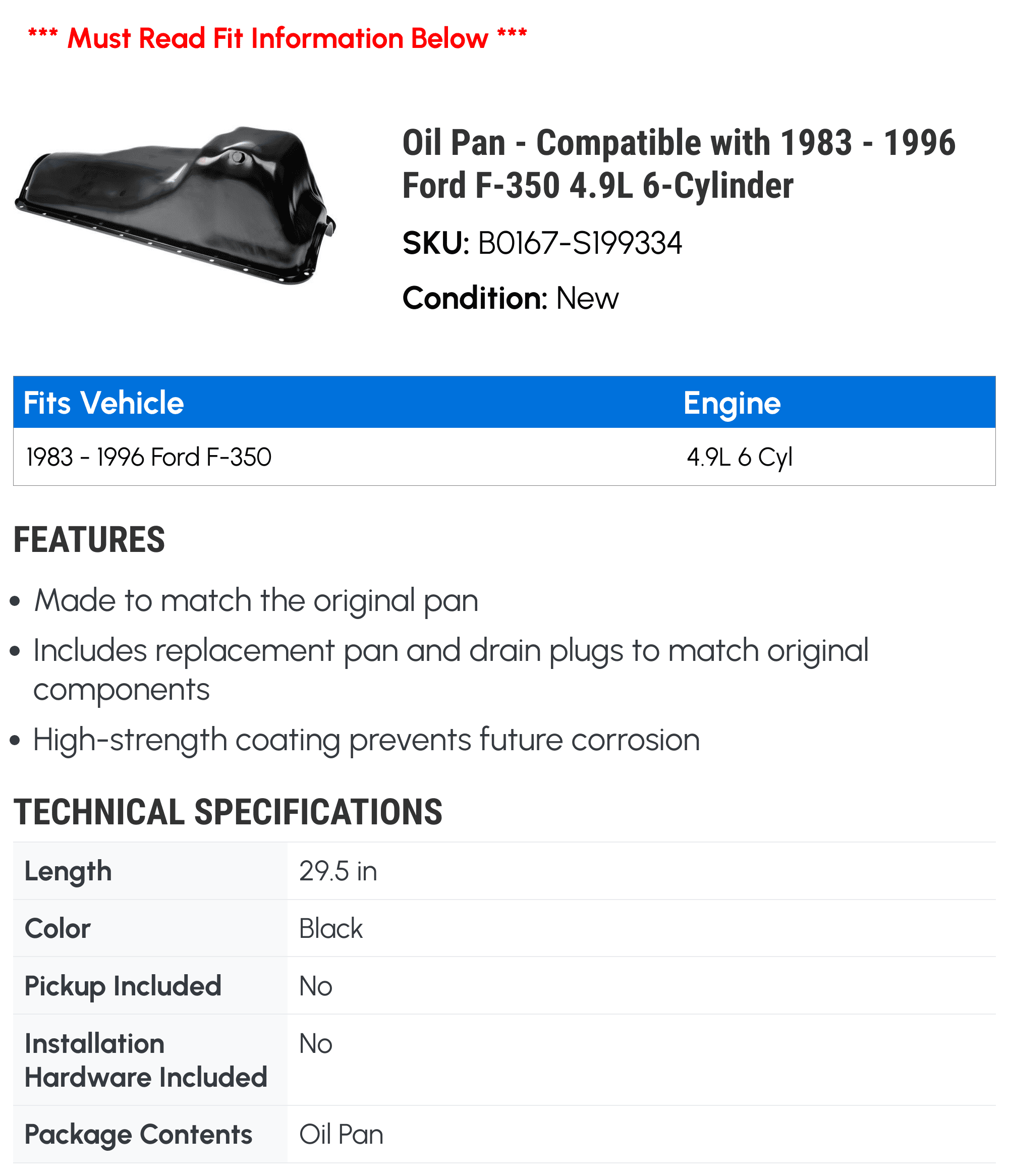 Oil Pan - Compatible with 1983 - 1996 Ford F-350 4.9L 6-Cylinder - Dorman