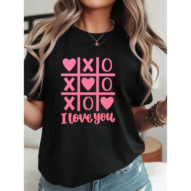 T-Shirt Graphique Amour de la Saint-Valentin pour Femmes - Col Rond Décontracté, Manches Courtes Douces avec Cœur Rose & Impression "Je t'Aime", Mode Quotidienne/chemise Imprimée à Motifs Lourds/haut Extensible, Cadeaux de la Saint-Valentin