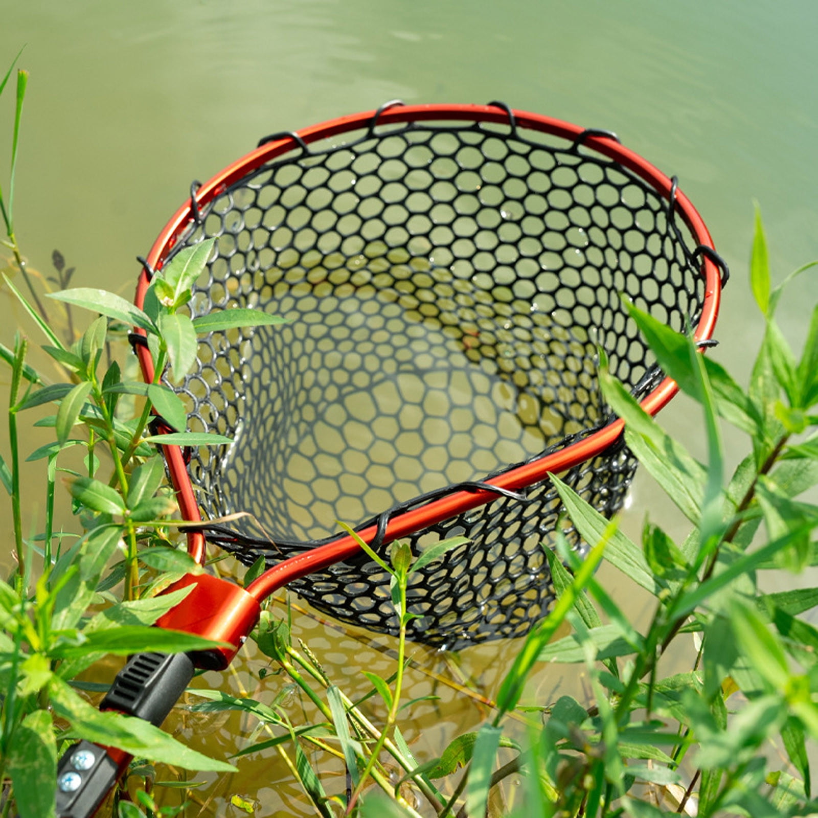 Fishing Gear Telescopic Foldable Silicone Landing Net with Aluminium Alloy Pole Carabiner Nylon Hook EVA Handle and Elastic Wrist Strap for Anglers