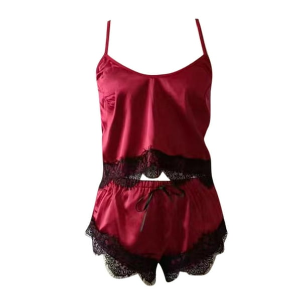 Gibobby Pijamas Mujer Verano Sexy Pijamas Conjunto de pijama de satén con pantalones cortos y tirantes de encaje sexy para mujer(Rojo,M)