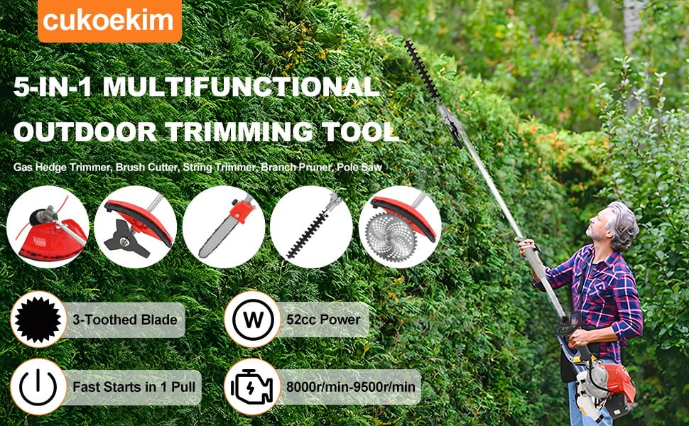 52cc 5-in-1 Multi-Functional Trimming Tool,Gas Hedge Trimmer,Gas Weed Eater,Gas String Trimmer,Gas Grass Trimmer,Brush Cutter,Edger,Pole Saw Chainsaw Pruner with Extension Pole, Lightweight Design