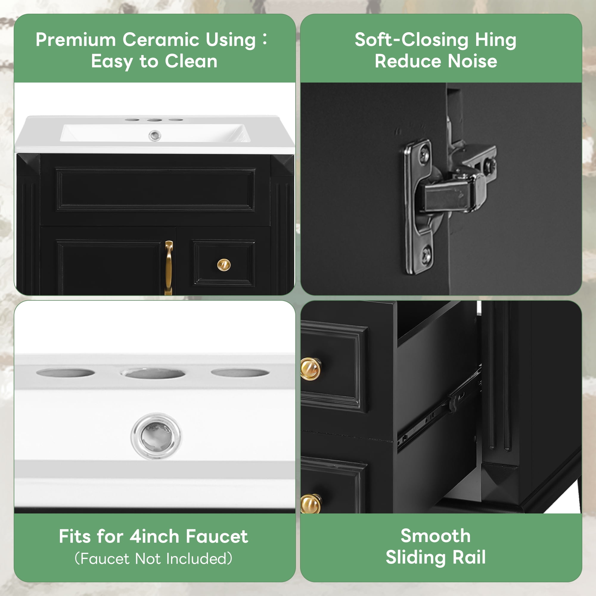 Euroco 24" Bathroom Vanity with Ceramic Sink, Small Bathroom Sink Cabinet, Modern Cabinet with 2 Drawers and Adjustable Shelf