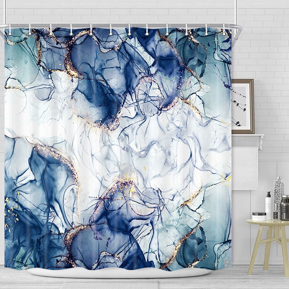 Blue Gold Marble Texture Shower Curtain Sets, Abstract Modern Fabric Shower Curtain for Bathroom, 3D Printing Durable Waterproof Washable Bath Curtain with Hooks 36X72in