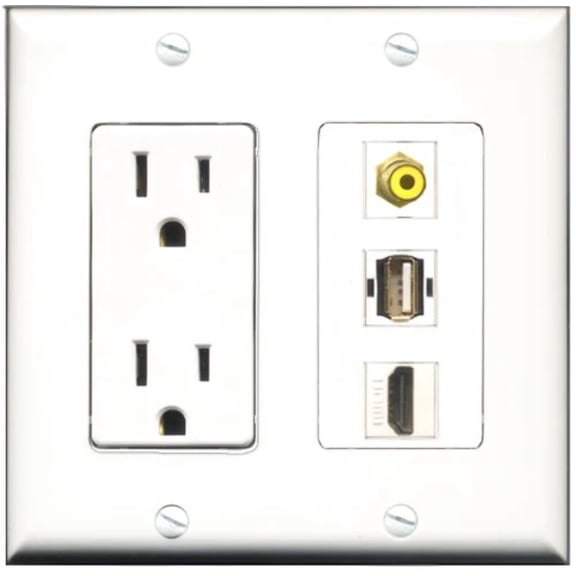 RiteAV - 15 Amp Power Outlet 1 Port HDMI 1 Port RCA Yellow 1 Port USB A-A Decorative Wall Plate