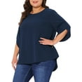 thumbnail image 5 of Agnes Orinda Women's Plus Size Swiss Dots Tops Petal Sleeve Curved Hem Round Neck Summer Casual Blouse 1X Navy Blue, 5 of 7