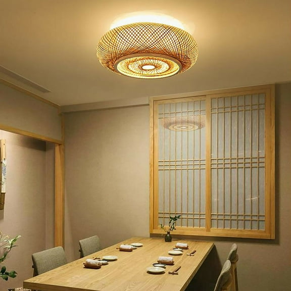 Vintage Bamboo Ceiling Lighting Fixtures Flush Mount Drum Shape Ceiling Light Rattan Lantern Light for Living Room, Bedroom