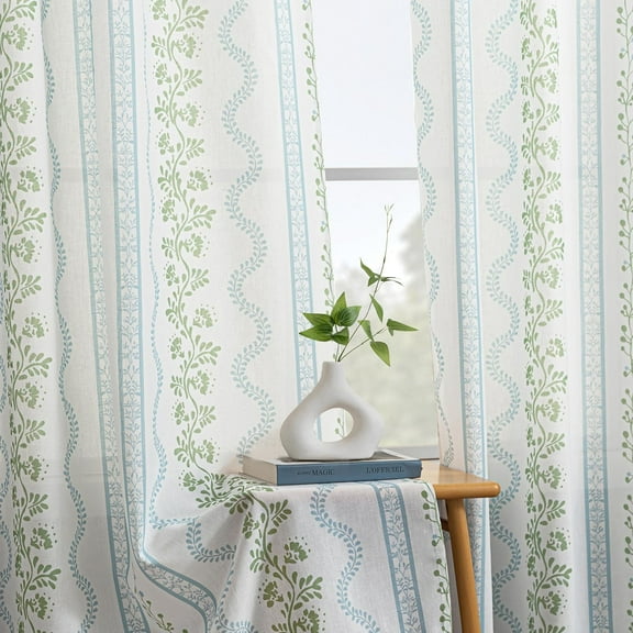 Vintage Linen Floral Curtains 84 Inch, Blue Green Pattern, Sheer French Country Window Curtain Set