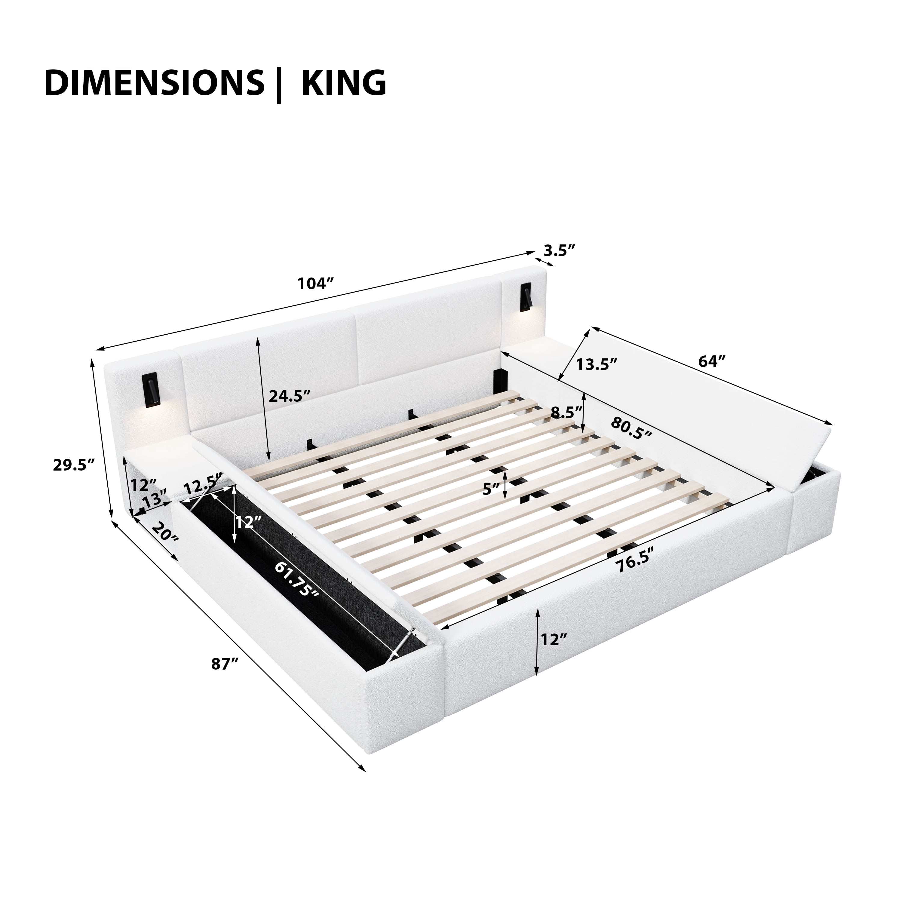 King Size Platform Bed w/ Hidden Storage, Built-in Nightstands, Reading Lights, No Box Spring Needed