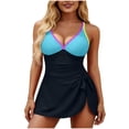 thumbnail image 2 of Xdegoge Swimsuits for Women V Neck Ruched Waist Asymmetrical One Piece Swimdresses Smooth Color Block Detail Tummy Control Slimming Beachwear, 2 of 5