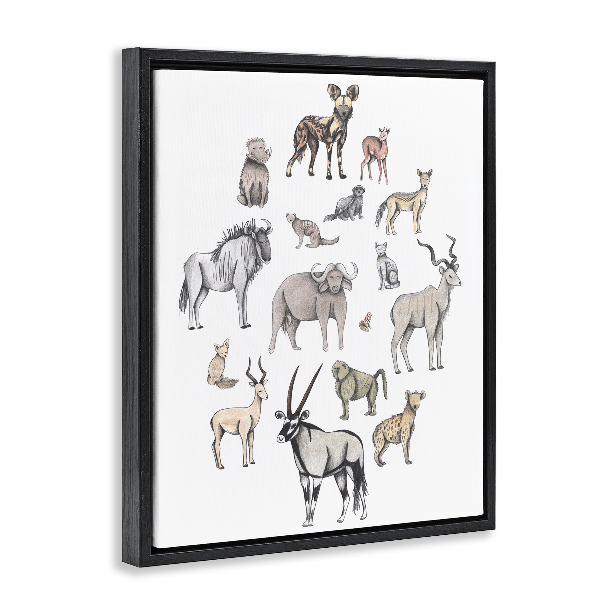 Simple Africa Animals Black Framed Floater Canvas Wall Art, design by Cecilia Battaini