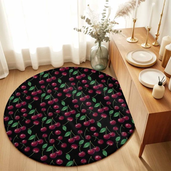 Round Rugs 4Ft, Red Cherry Round Area Rug Washable Indoor Throw Carpet, Green Botanical Leaves Classic Soft Non Slip Circle Rug for Kitchen Nursery Room Home Decor Aesthetic
