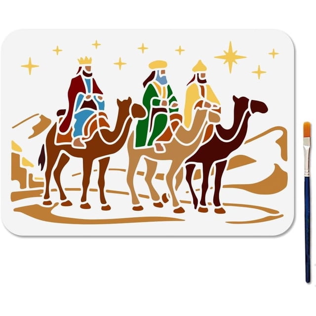 Plantillas de los Reyes Magos (29,7 x 21 cm), reutilizables, con camellos del desierto para manualidades navideñas. Incluye pincel.
