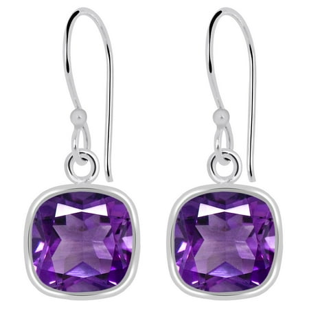 3 Carat Beautiful Cushion Cut Natural Purple Amethyst Earrings, Bezel Set 925 Sterling Silver Dangle Earrings For Women, Free Velvet Jewelry Pouch