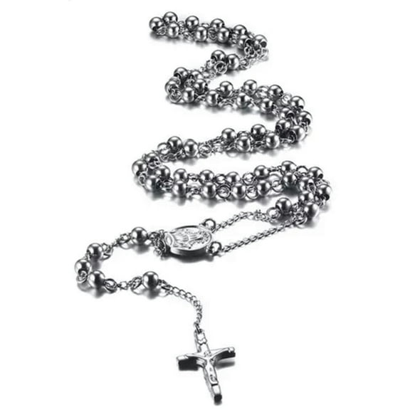EOEMY Hot Women Men Stainless Steel Jesus Christ Cross Pendant Necklace Rosary Chain-Silver-30Inch*8mm