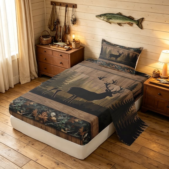 Manfei Vintage Deer Twin Sheets, Tribal Camo Plant Bedding, Dark Brown, 3 Pieces, 1 Flat Sheet, 1 Fitted Sheet and 1 Pillowcase
