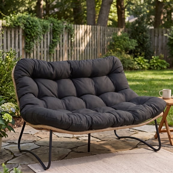 RADIATA Outdoor Wicker Loveseat with 5.5" Tufted Cushion, Oversized 2-Person Patio Lounge Seat, Steel Frame, Adjustable Feet,Gray