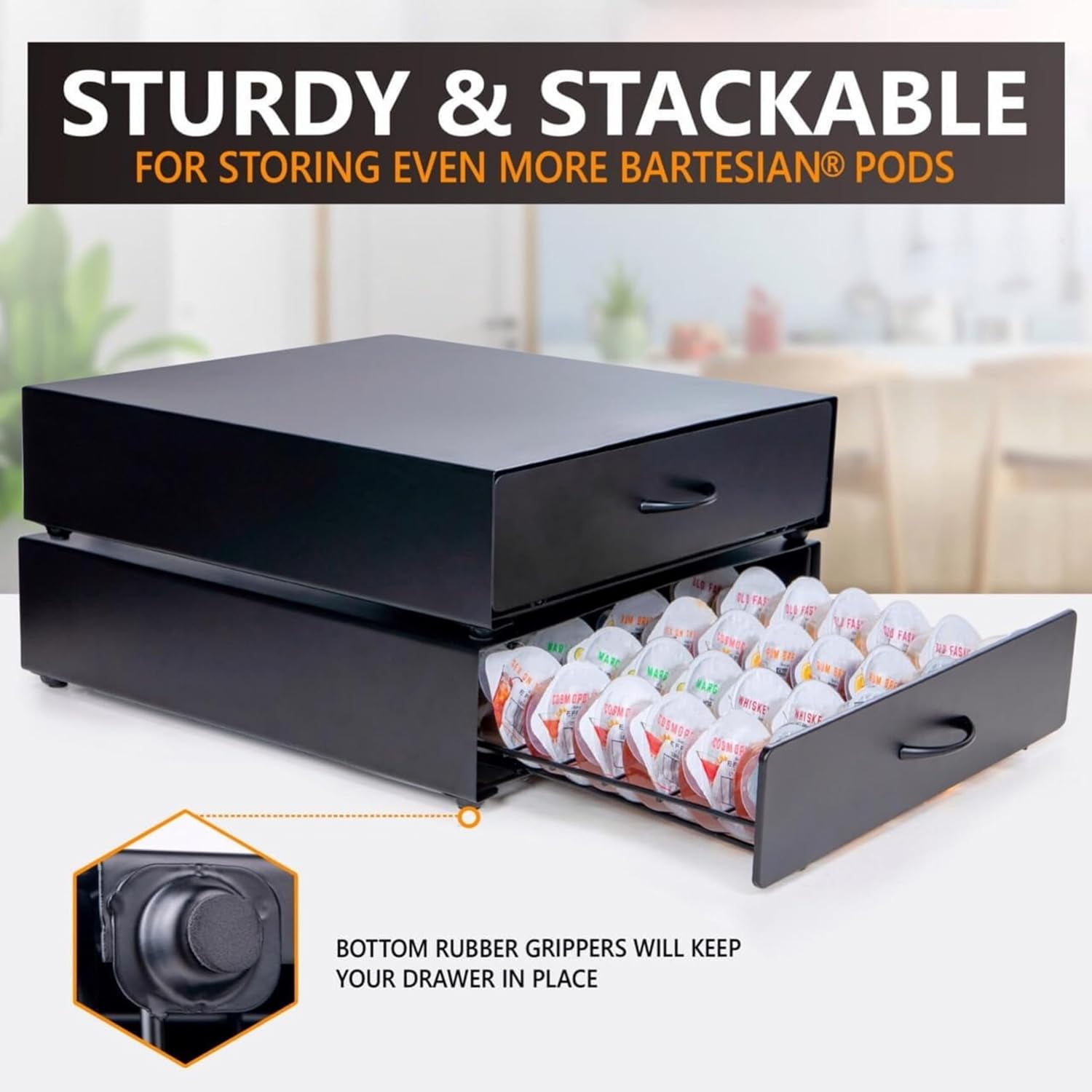 Ksestor Bartesian Capsules Storage Organizer, Metal Drawer Holds 40 Cocktail Mixers for Home Bar