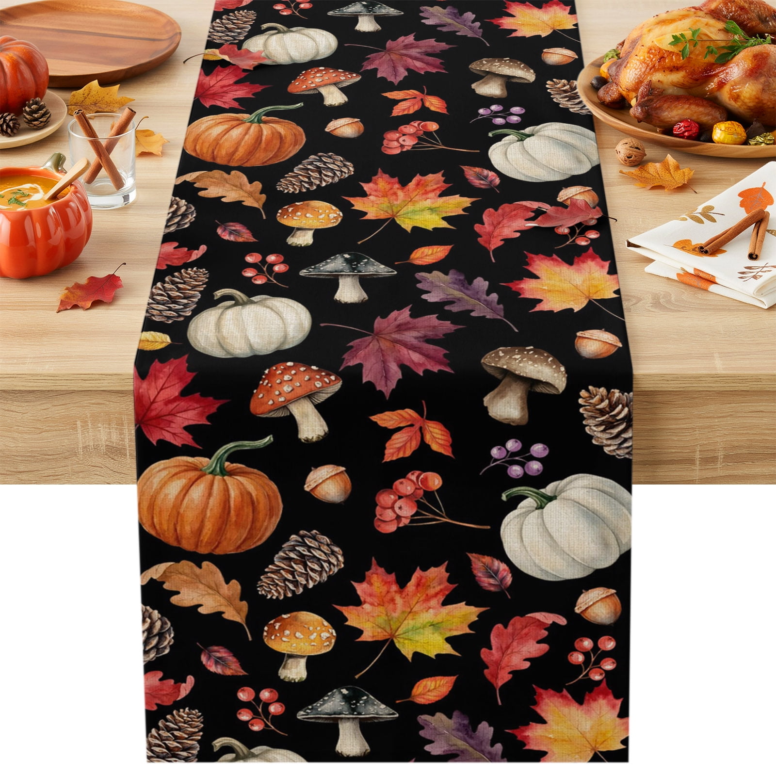 Black Fall Harvest Cotton Linen Rectangle Table Runners 13 x60 Thanksgiving Pumpkins Mushroom Maple Coffee Table Runner Dresser Scarves Luxury Table Runners for Wedding Party Banquet Dinner Decor
