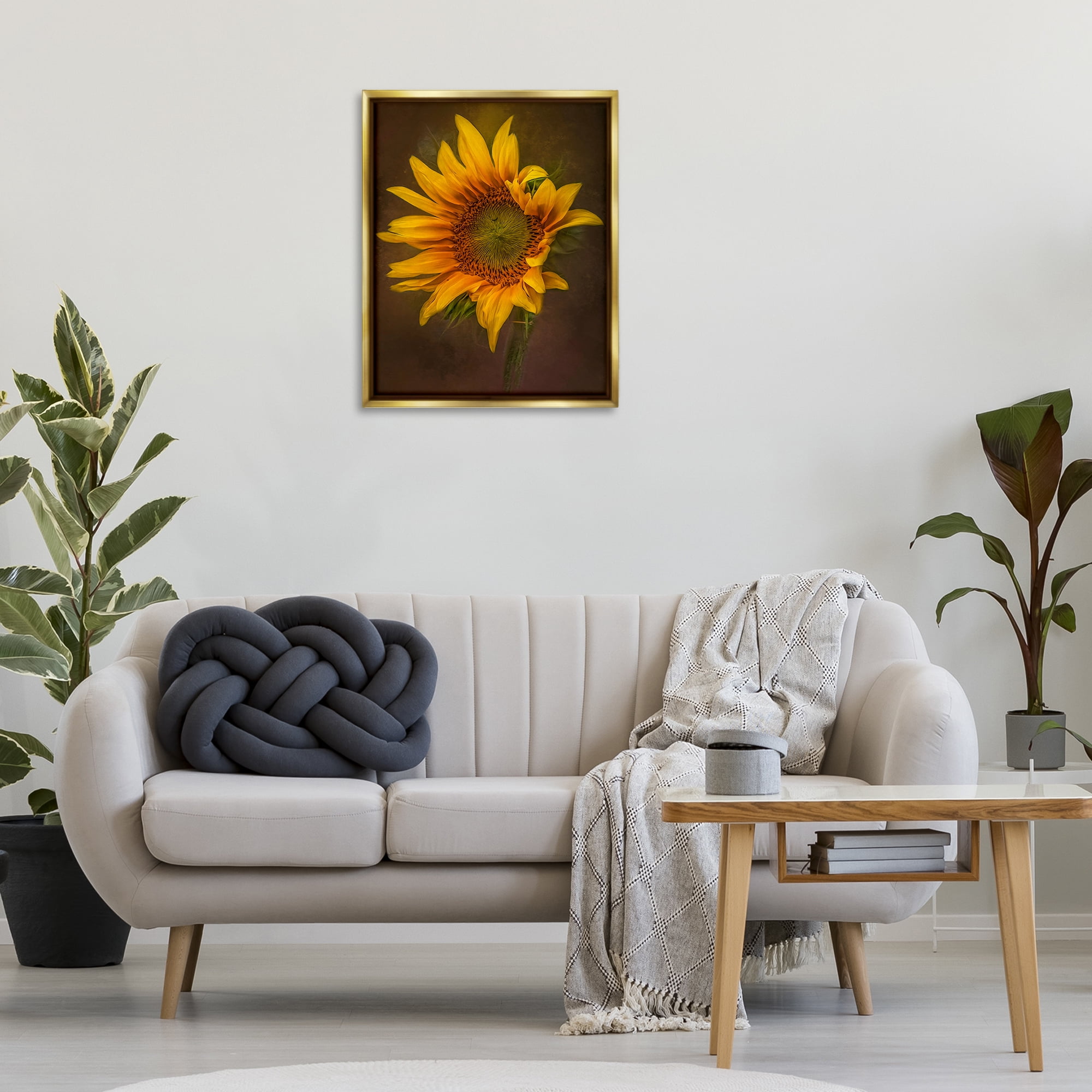Stupell Industries Curling Petals Sunflower Plants & Flowers Painting Gold Floater Framed Canvas Art Print Wall Art, 25 x 31