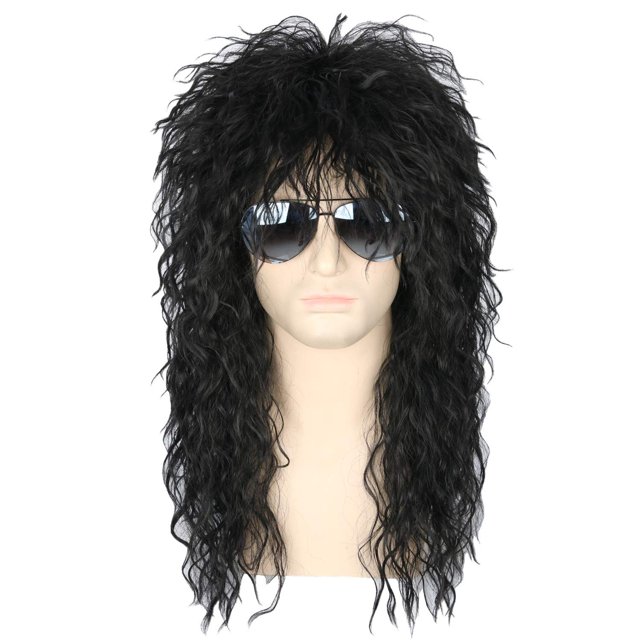 Peluca Topcosplay de los 80, de salmonete rizado, negra, larga, para hombre, Halloween