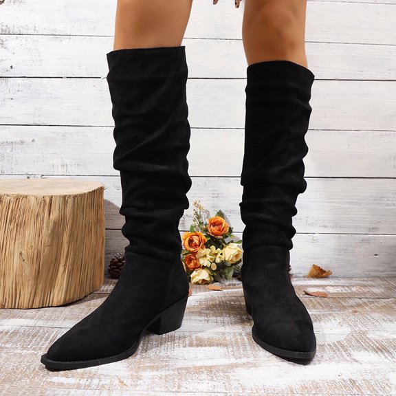 JUSLIO Winter Boots for Women,High Heel Solid Color Mid Calf Boots Fashion Casual Comfort Pointed Toe Womens Boots
