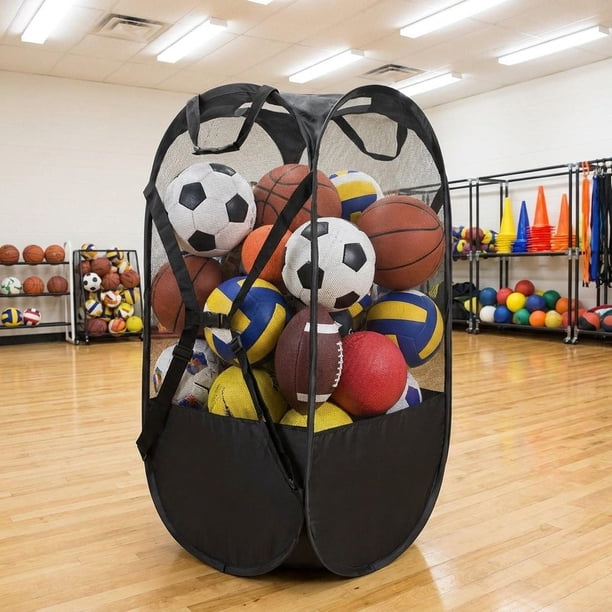 Bolsa de malla para balón de baloncesto, plegable, con correa ajustable y resistente, de poliéster. Negro