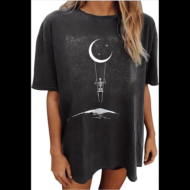 Camisetas Vintage para Mujer, Lindas Camisetas Gráficas de , Camisetas Oversize de Corta Esqueleto Lunar XL