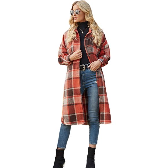 PUWEI Women's Casual Lapel Button Down Long Plaid Shirt Coat Tartan Shacket Jacket(1370-OrangeRed-XS)