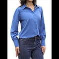 thumbnail image 3 of Blusa Elegante de Larga para Mujer, Estilo Informal, con Cuello Abotonado y Plisada Al Frente. Azul L, 3 of 10