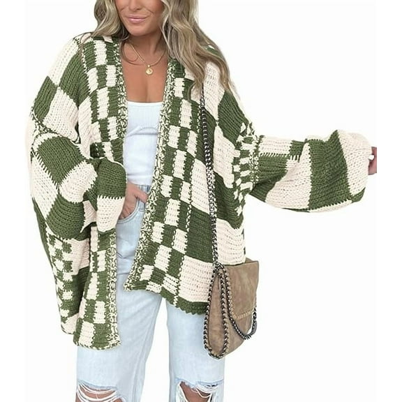 FreshPretty Casual Cardigan Sweater for Women Fall Long Sleeve Open Front Chunky Knit Sweaters Checkered Outwear Coat