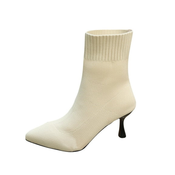 Wensltd Women Knit Sock Boots Square Toe Heel Elastic Short Boots Pointy Toe Shoes White