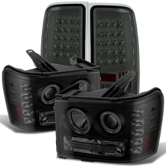 AKKON - For GMC Sierra [Dual LED Ring] Black Smoked Headlight   [C-SHAPE LED] Tail Brake Lights Lamp Set