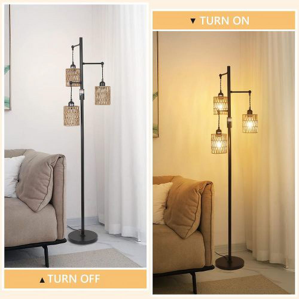 Hi-LIGHTS,65 Inch 3-Lights Boho Dimmable Floor Lamp with Natural Rattan Shade & Reinforced Base(Bulbs Not Included),Farmhouse Tall Floor Lamp for Living Room,Bedroom,Dining room,Office(Black+Brown)
