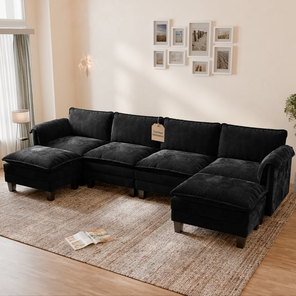 WACASA 154" Oversized Modular Sectional Sofa with 2 Movable Ottomans, 6-Seat U-Shaped Chenille Deep Seat Cloud Couch for Living Room, Black