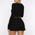 thumbnail image 4 of Idoravan Women Sets Clothing Clearance Womens Waffle Solid U-neck Long Sleeve Short European and American Fashion Casual Shorts Set, 4 of 9