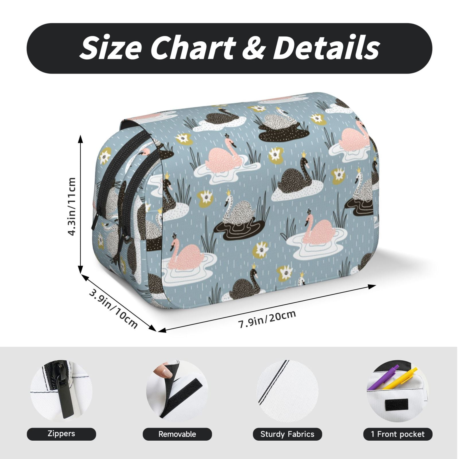 Rateoe Swan Princess On Lake Pattern Double Clamshell Pen Case, Storage Organizer with Two Zipper Compartments– Holds Up to 50 Pencils & Pens