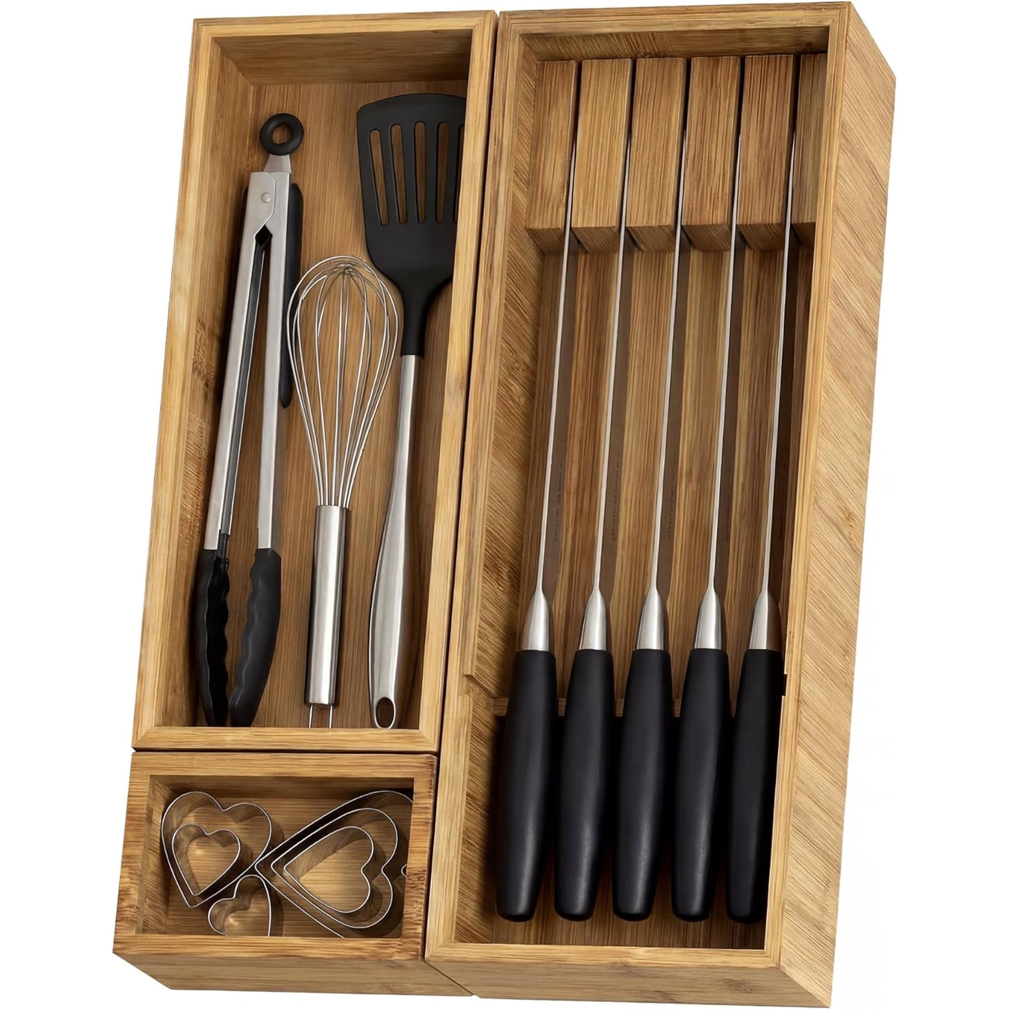 Bamboo Drawer Organizer with Knife Block 3 Removable Silverware Drawer Organizer Bins - Multi-Use for Kitchen Utensils Office Makeup Tools Storage