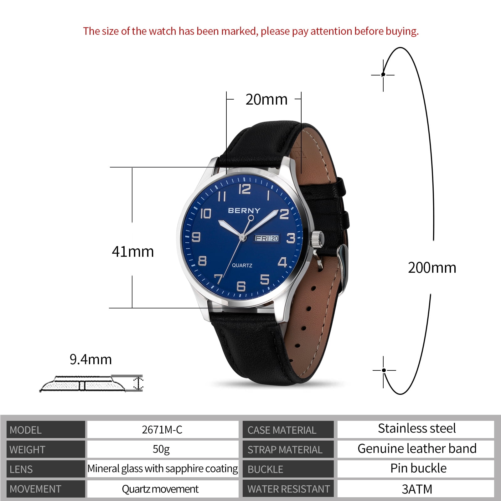 BERNY Modern Quartz Watch for Men Casual Easy Read Wristwatch with Arabic Numeral Watch Dial, Genuine Leather Strap and Day & Date Calendar-Blue Dial