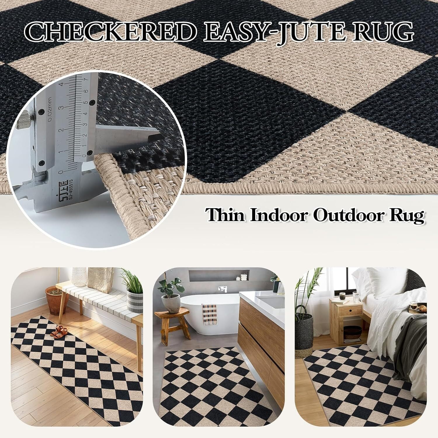 Lahome 5'x7' Checkered Easy Jute Area Rug,Outdoor Patio Rug Washable Rugs for Entryway Checkerboard Indoor Outdoor Living Room Classroom Rugs,Farmhouse Neutral Non Slip Black Carpet for Bedroom