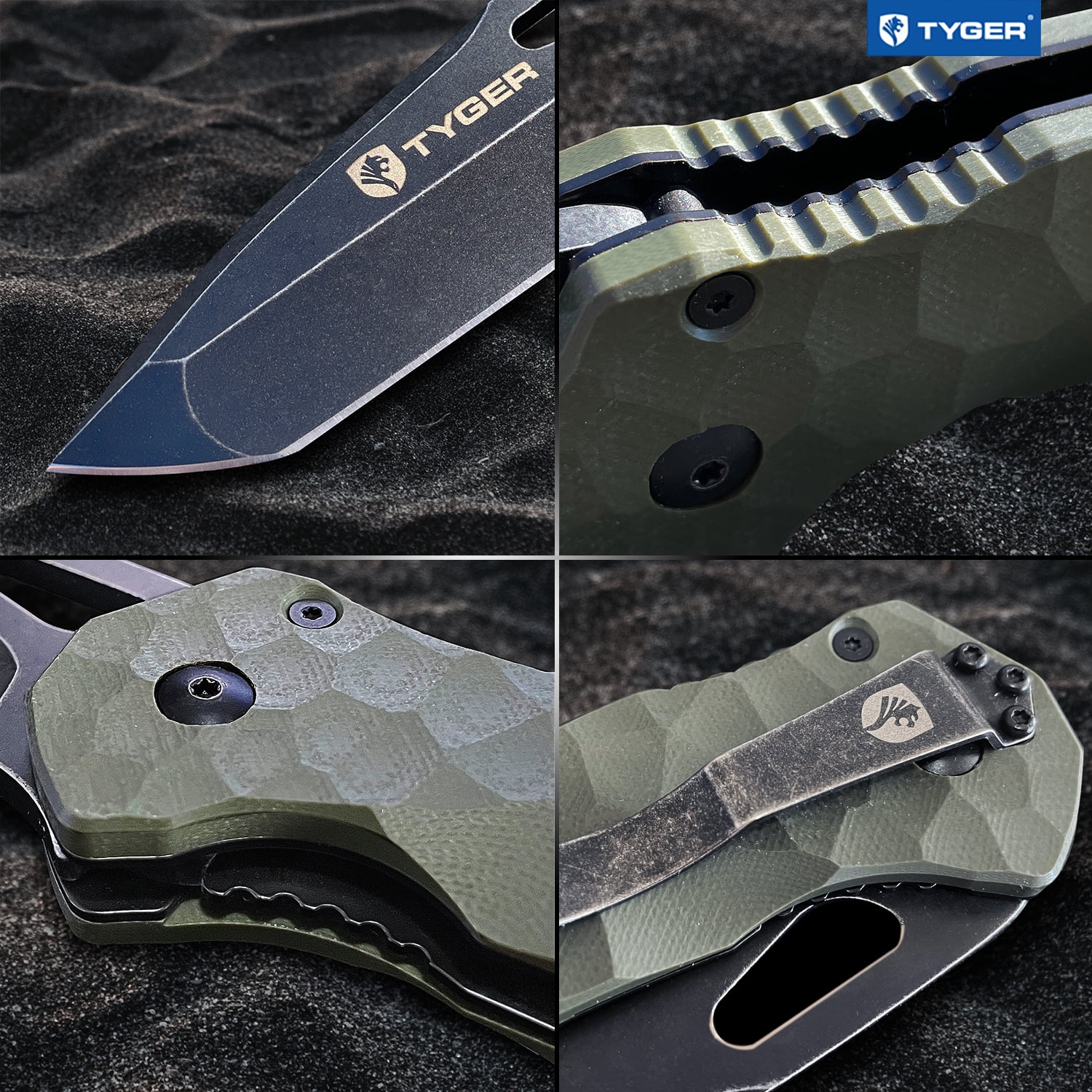 Tyger K4 EDC Folding Pocket Knife | Stone-washed AUS-8 Steel Blade with Black Titanium Ion Carbide Coating | Green G-10 Handle | TG-KF7A2368