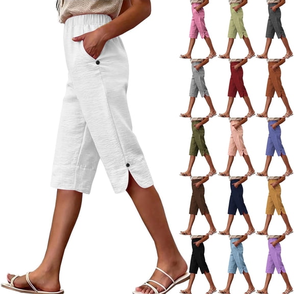 Axiiglly White Shorts for Women Cotton Linen Stretch High Waisted Bermuda 2 Pockeets Shorts Boho Vacation Knee Length Capris Shorts L