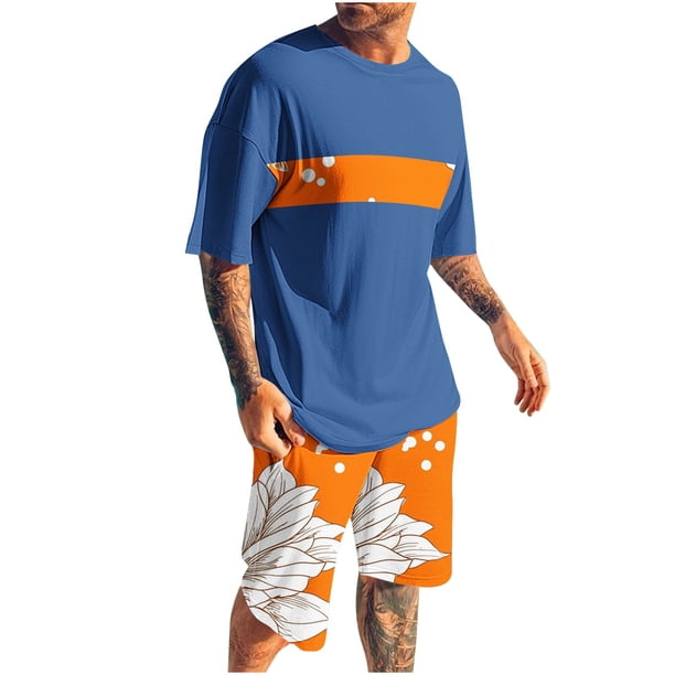 Mangas de Mano para Hombres, Impresión Hawaiana Suelta Casual, Pantalones Cortos Deportivos de Cintura Elástica Y Set de Blusa