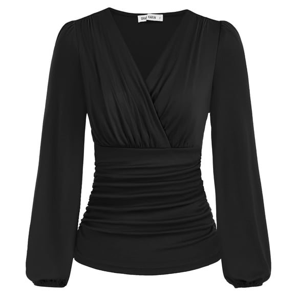 Blusa fruncida vintage con cuello en V y manga linterna de Top Grace Karin