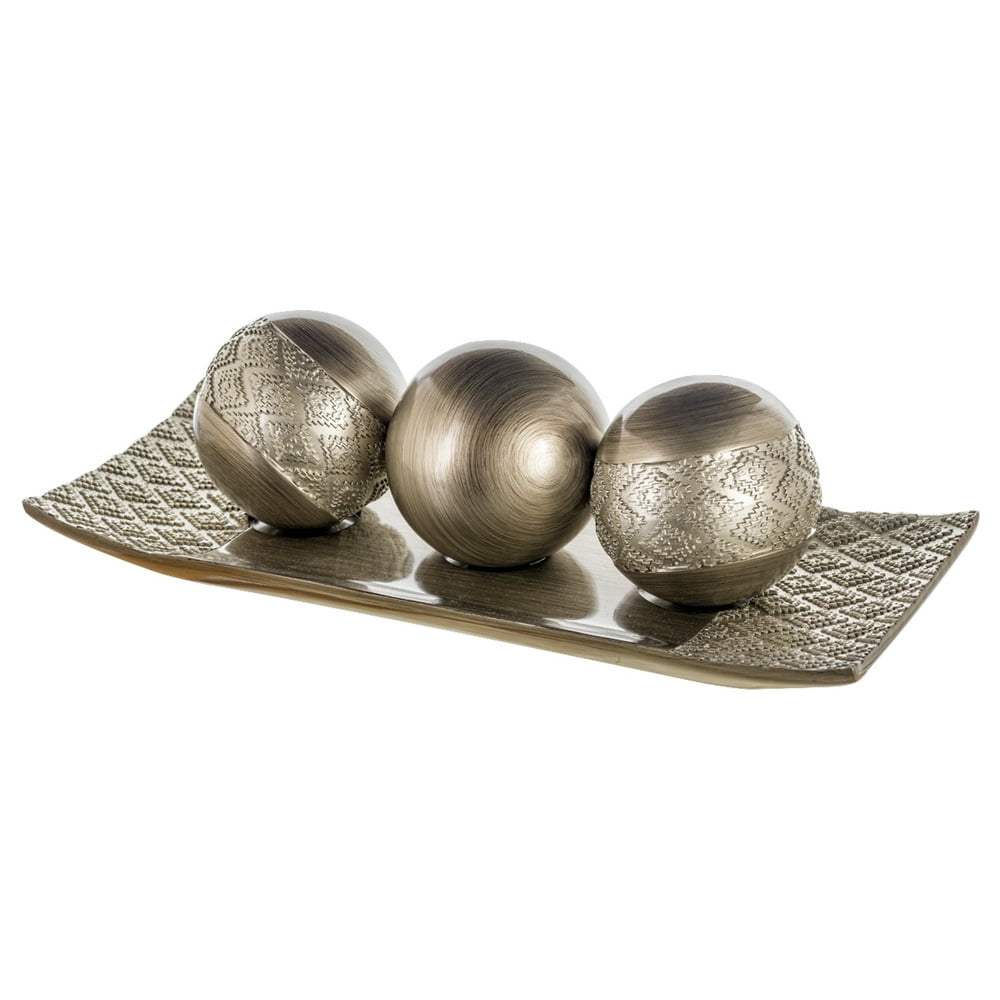 Dublin Home Decor Tray and Orbs Balls Set of 3 (Brushed Silver