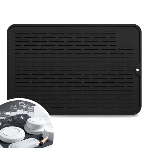 Silicone Dish Drying Mat - 18' x 16' Non-Slip Multipurpose Dish Mat - 100% Food Grade Silicone - Heat Resistant Dish Drainer (Black)